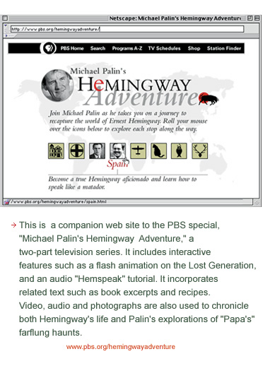 Hemingway Adventure is a companion site to the PBS special, a two-part television series. It includes interactive features such as a flash animation on the Lost Generation, and an audio Hemspeak tutorial. It incorporates related text excerpts and recipes. Video, audio and photographs are also used to chronicle both Hemingway's life and Palin's exploration of Papa's farflung haunts.