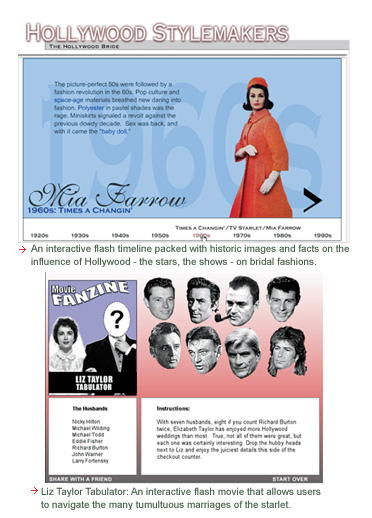 An interactive timeline packed with historic images and fact on the influence of Hollywood, the stars, the shows, on bridal fashions. The Liz Taylor Tabulator is an interactive flash movie that allows users to navigate the many tumultuous marriages of the starlet.