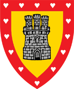 Or, a tower triple towered sable within a bordure gules semy of hearts argent.