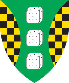 Vert, in pale three dice argent between flaunches checky Or and sable.