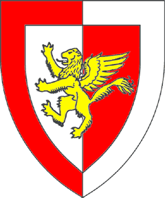 Per pale argent and gules,

 a winged lion rampant Or 

within a bordure 

counterchanged