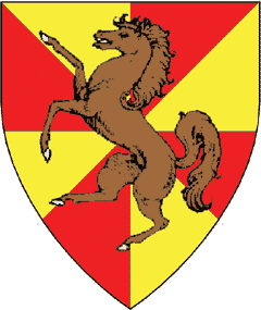 Gyronny of eight Or and gules, a brown mare rampant proper 