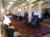 Hotel lobby with fireplace on right