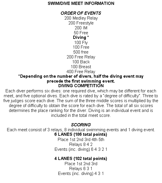 Text Box: SWIM/DIVE MEET INFORMATION
ORDER OF EVENTS200 Medley Relay
200 Freestyle
200 IM
50 FreeDiving *100 Fly
100 Free
500 free
200 Free Relay
100 Back
100 Breast
400 Free Relay*Depending on the number of divers, half the diving event may 
precede the first swimming event.DIVING COMPETITIONEach diver performs six dives: one required dive, which may be different for each meet, and five optional dives. Each dive is rated by a �degree of difficulty�. Three to five judges score each dive. The sum of the three middle scores is multiplied by the degree of difficulty to obtain the score for each dive. The total of all six scores determines the place ranking for the diver. Diving is an individual event and is included in the total meet score.

SCORINGEach meet consist of 3 relays, 8 individual swimming events and 1 diving event.6 LANES (186 total points)
Place 1st 2nd 3rd 4th 5th 
Relays 8 4 2
Events (inc. diving) 6 4 3 2 1

4 LANES (102 total points)
Place 1st 2nd 3rd 
Relays 6 3 1
Events (inc. diving) 4 3 1